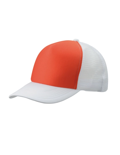 5-Panel Polyester Mesh Cap zum Besticken und Bedrucken in der Farbe Orange-White mit Ihren Logo, Schriftzug oder Motiv.