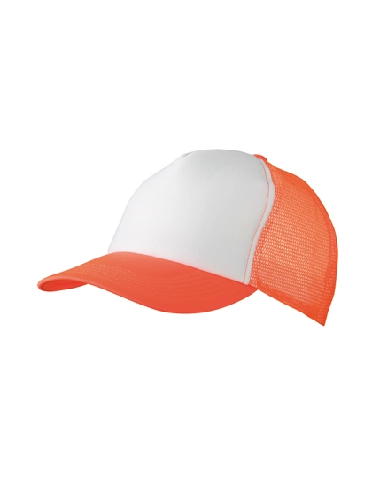 5-Panel Polyester Mesh Cap zum Besticken und Bedrucken in der Farbe White-Neon Orange mit Ihren Logo, Schriftzug oder Motiv.