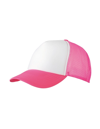 5-Panel Polyester Mesh Cap zum Besticken und Bedrucken in der Farbe White-Neon Pink mit Ihren Logo, Schriftzug oder Motiv.