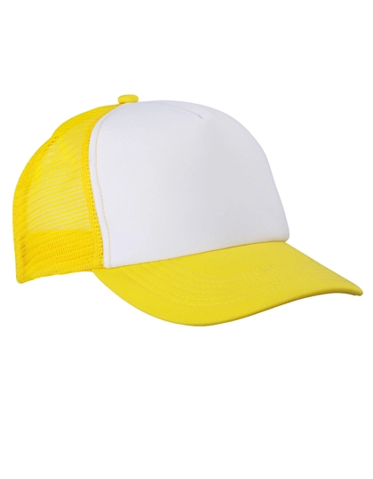 5-Panel Polyester Mesh Cap zum Besticken und Bedrucken in der Farbe White-Sun Yellow mit Ihren Logo, Schriftzug oder Motiv.