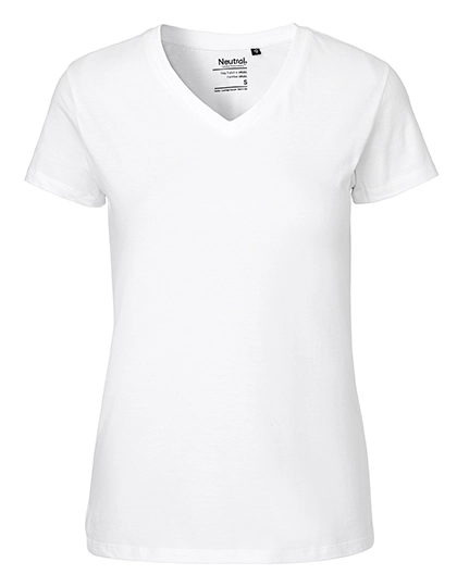 Ladies´ V-Neck T-Shirt zum Besticken und Bedrucken in der Farbe White mit Ihren Logo, Schriftzug oder Motiv.