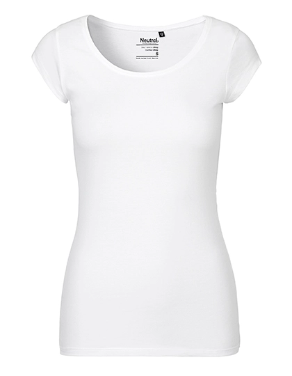 Ladies´ Roundneck T-Shirt zum Besticken und Bedrucken in der Farbe White mit Ihren Logo, Schriftzug oder Motiv.