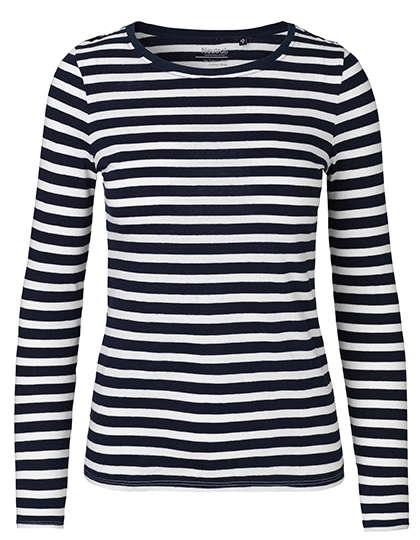 Ladies´ Long Sleeve T-Shirt zum Besticken und Bedrucken in der Farbe White - Navy (Striped) mit Ihren Logo, Schriftzug oder Motiv.
