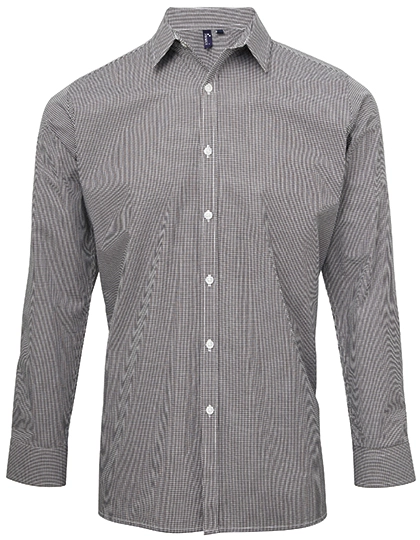Men´s Microcheck (Gingham) Long Sleeve Cotton Shirt zum Besticken und Bedrucken in der Farbe Black-White mit Ihren Logo, Schriftzug oder Motiv.