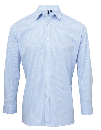 Men´s Microcheck (Gingham) Long Sleeve Cotton Shirt zum Besticken und Bedrucken in der Farbe Light Blue (ca. Pantone 7451)-White mit Ihren Logo, Schriftzug oder Motiv.