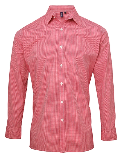 Men´s Microcheck (Gingham) Long Sleeve Cotton Shirt zum Besticken und Bedrucken in der Farbe Red (ca. Pantone 200)-White mit Ihren Logo, Schriftzug oder Motiv.