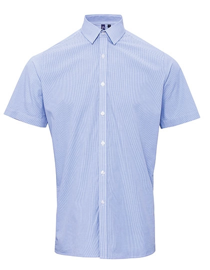 Men´s Microcheck (Gingham) Short Sleeve Cotton Shirt zum Besticken und Bedrucken in der Farbe Light Blue-White mit Ihren Logo, Schriftzug oder Motiv.