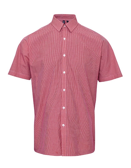 Men´s Microcheck (Gingham) Short Sleeve Cotton Shirt zum Besticken und Bedrucken in der Farbe Red-White mit Ihren Logo, Schriftzug oder Motiv.
