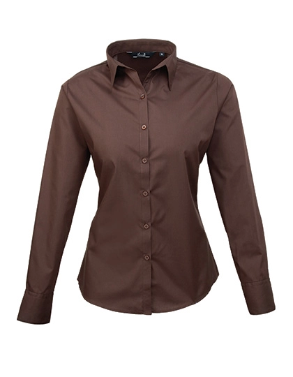 Women´s Poplin Long Sleeve Blouse zum Besticken und Bedrucken in der Farbe Brown mit Ihren Logo, Schriftzug oder Motiv.
