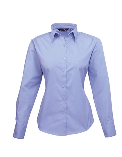 Women´s Poplin Long Sleeve Blouse zum Besticken und Bedrucken in der Farbe Mid Blue mit Ihren Logo, Schriftzug oder Motiv.