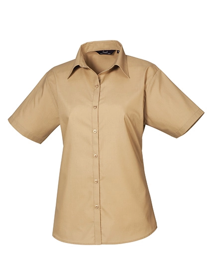 Women´s Poplin Short Sleeve Blouse zum Besticken und Bedrucken in der Farbe Khaki mit Ihren Logo, Schriftzug oder Motiv.