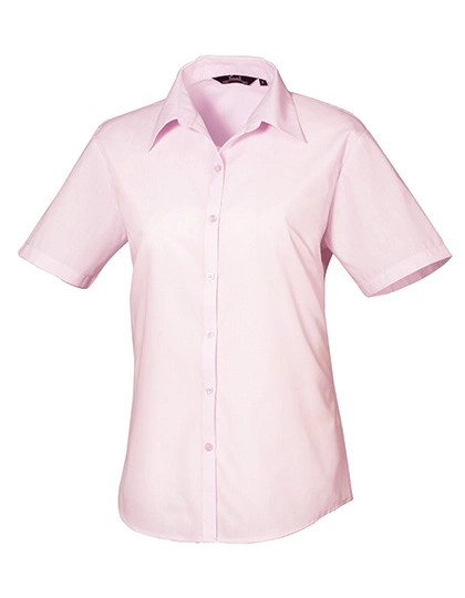 Women´s Poplin Short Sleeve Blouse zum Besticken und Bedrucken in der Farbe Pink mit Ihren Logo, Schriftzug oder Motiv.