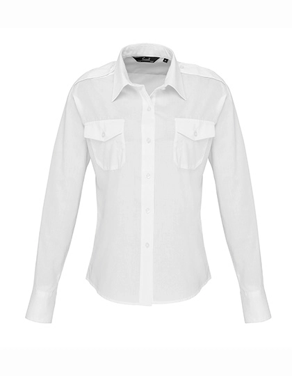 Women´s Long Sleeve Pilot Shirt zum Besticken und Bedrucken in der Farbe White mit Ihren Logo, Schriftzug oder Motiv.