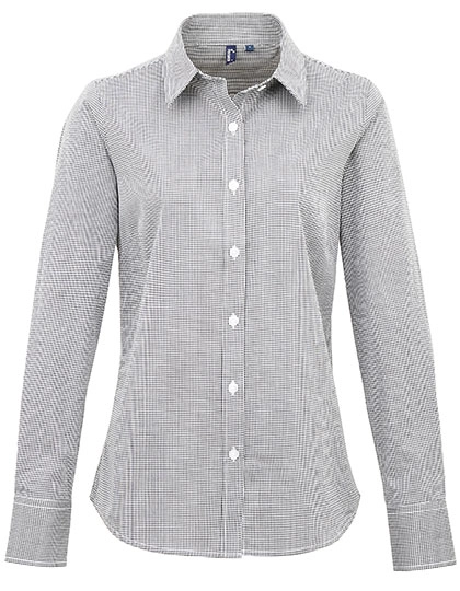 Women´s Microcheck (Gingham) Long Sleeve Cotton Shirt zum Besticken und Bedrucken in der Farbe Black-White mit Ihren Logo, Schriftzug oder Motiv.