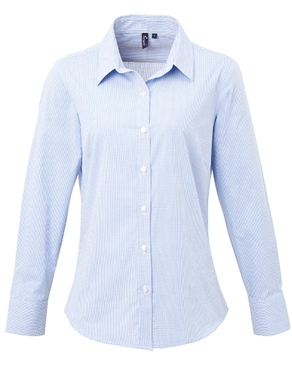 Women´s Microcheck (Gingham) Long Sleeve Cotton Shirt zum Besticken und Bedrucken in der Farbe Light Blue (ca. Pantone 7451)-White mit Ihren Logo, Schriftzug oder Motiv.