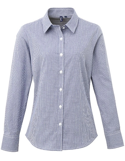 Women´s Microcheck (Gingham) Long Sleeve Cotton Shirt zum Besticken und Bedrucken in der Farbe Navy (ca. Pantone 2766)-White mit Ihren Logo, Schriftzug oder Motiv.