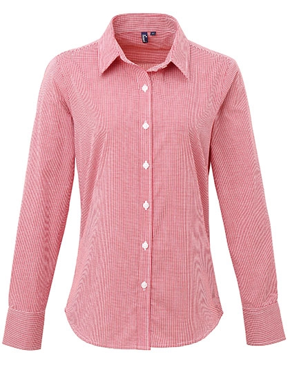Women´s Microcheck (Gingham) Long Sleeve Cotton Shirt zum Besticken und Bedrucken in der Farbe Red (ca. Pantone 200)-White mit Ihren Logo, Schriftzug oder Motiv.
