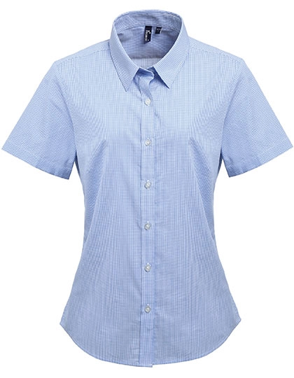 Women´s Microcheck (Gingham) Short Sleeve Cotton Shirt zum Besticken und Bedrucken in der Farbe Light Blue-White mit Ihren Logo, Schriftzug oder Motiv.