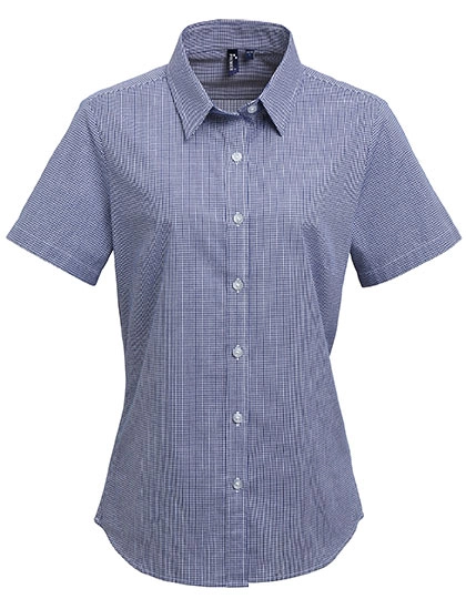 Women´s Microcheck (Gingham) Short Sleeve Cotton Shirt zum Besticken und Bedrucken in der Farbe Navy-White mit Ihren Logo, Schriftzug oder Motiv.