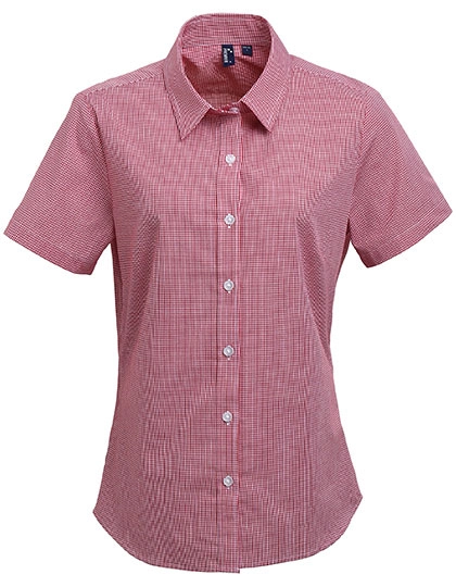 Women´s Microcheck (Gingham) Short Sleeve Cotton Shirt zum Besticken und Bedrucken in der Farbe Red-White mit Ihren Logo, Schriftzug oder Motiv.
