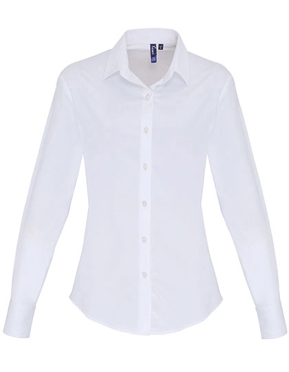 Women´s Stretch Fit Poplin Long Sleeve Cotton Shirt zum Besticken und Bedrucken in der Farbe White mit Ihren Logo, Schriftzug oder Motiv.