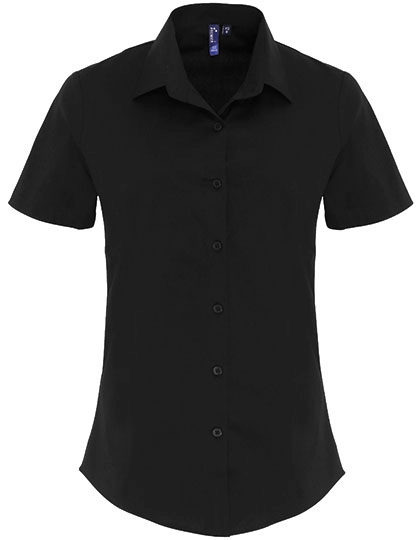 Women´s Stretch Fit Poplin Short Sleeve Cotton Shirt zum Besticken und Bedrucken in der Farbe Black mit Ihren Logo, Schriftzug oder Motiv.