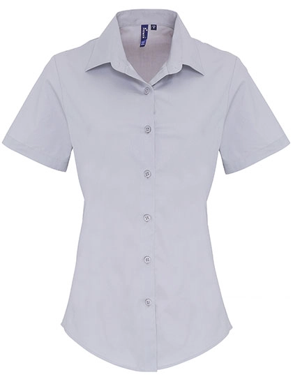Women´s Stretch Fit Poplin Short Sleeve Cotton Shirt zum Besticken und Bedrucken in der Farbe Silver (ca. Pantone 428) mit Ihren Logo, Schriftzug oder Motiv.