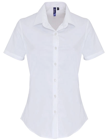 Women´s Stretch Fit Poplin Short Sleeve Cotton Shirt zum Besticken und Bedrucken in der Farbe White mit Ihren Logo, Schriftzug oder Motiv.