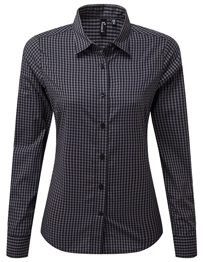 Women´s Maxton Check Long Sleeve Shirt zum Besticken und Bedrucken in der Farbe Steel (ca. Pantone 431C)-Black mit Ihren Logo, Schriftzug oder Motiv.