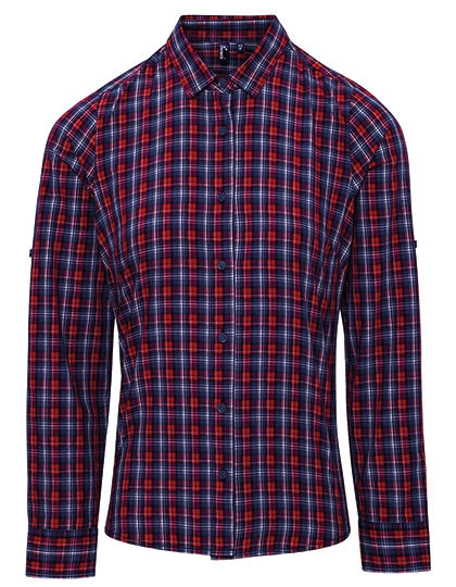 Women´s Sidehill Check Long Sleeve Cotton Shirt zum Besticken und Bedrucken in der Farbe Navy (ca. Pantone 533C)-Red (ca. Pantone 201C) mit Ihren Logo, Schriftzug oder Motiv.