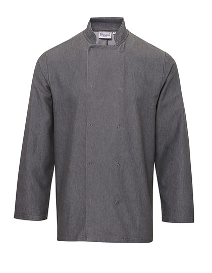Denim Chef´s Jacket zum Besticken und Bedrucken in der Farbe Grey Denim (ca. Pantone 425) mit Ihren Logo, Schriftzug oder Motiv.