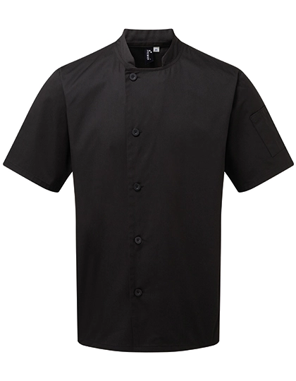 Essential Short Sleeve Chef´s Jacket zum Besticken und Bedrucken in der Farbe Black mit Ihren Logo, Schriftzug oder Motiv.