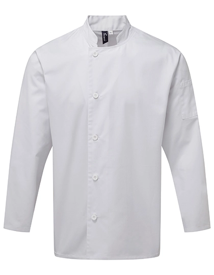 Essential Long Sleeve Chef´s Jacket zum Besticken und Bedrucken in der Farbe White mit Ihren Logo, Schriftzug oder Motiv.