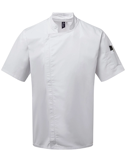 Chef´s Zip-Close Short Sleeve Jacket zum Besticken und Bedrucken in der Farbe White mit Ihren Logo, Schriftzug oder Motiv.