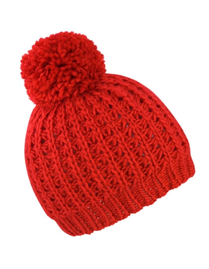 Knitted Flute Pom Pom Hat zum Besticken und Bedrucken in der Farbe Red mit Ihren Logo, Schriftzug oder Motiv.