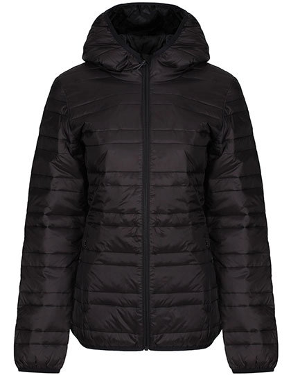 Women´s Hooded Firedown Packaway Baffle Jacket zum Besticken und Bedrucken in der Farbe Black-Black mit Ihren Logo, Schriftzug oder Motiv.