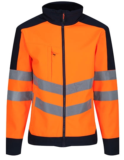 Pro Hi-Vis Softshell Jacket zum Besticken und Bedrucken in der Farbe Orange-Navy mit Ihren Logo, Schriftzug oder Motiv.