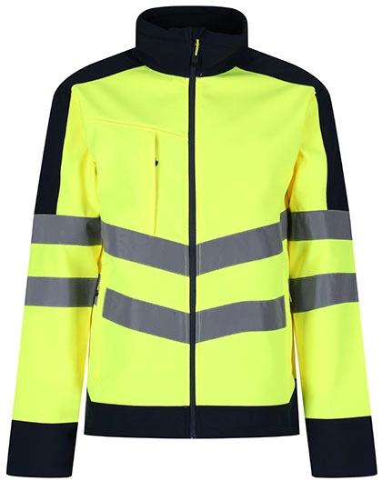 Pro Hi-Vis Softshell Jacket zum Besticken und Bedrucken in der Farbe Yellow-Navy mit Ihren Logo, Schriftzug oder Motiv.