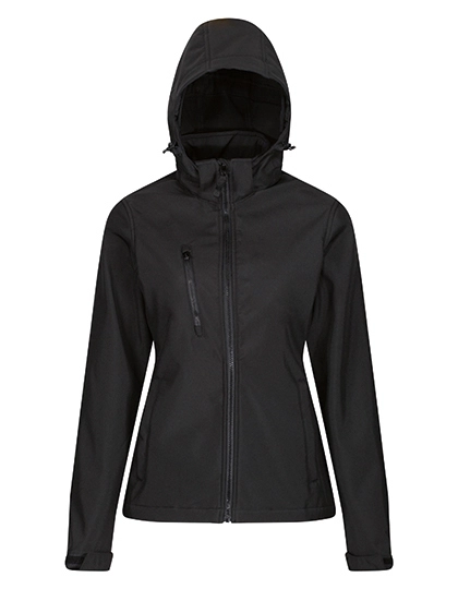 Women´s Venturer 3-Layer Printable Hooded Softshell Jacket zum Besticken und Bedrucken in der Farbe Black-Black mit Ihren Logo, Schriftzug oder Motiv.