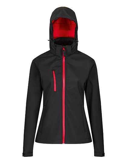 Women´s Venturer 3-Layer Printable Hooded Softshell Jacket zum Besticken und Bedrucken in der Farbe Black-Classic Red mit Ihren Logo, Schriftzug oder Motiv.