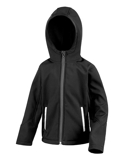 Junior TX Performance Hooded Soft Shell Jacket zum Besticken und Bedrucken in der Farbe Black-Grey mit Ihren Logo, Schriftzug oder Motiv.