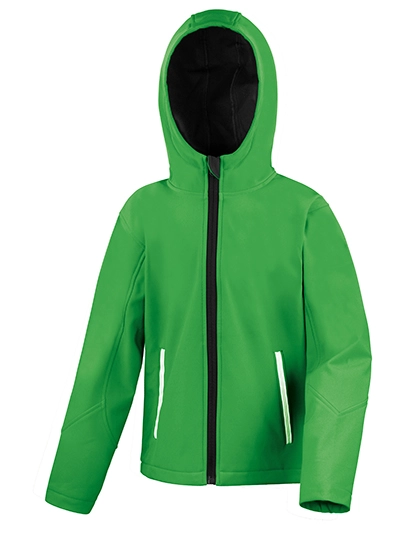 Junior TX Performance Hooded Soft Shell Jacket zum Besticken und Bedrucken in der Farbe Vivid Green-Black mit Ihren Logo, Schriftzug oder Motiv.