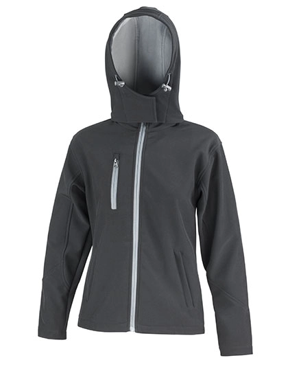 Women´s TX Performance Hooded Soft Shell Jacket zum Besticken und Bedrucken in der Farbe Black-Grey mit Ihren Logo, Schriftzug oder Motiv.