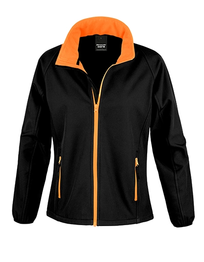 Women´s Printable Soft Shell Jacket zum Besticken und Bedrucken in der Farbe Black-Orange mit Ihren Logo, Schriftzug oder Motiv.