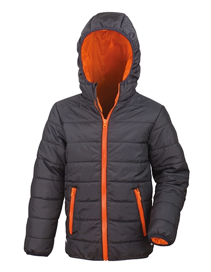 Youth Soft Padded Jacket zum Besticken und Bedrucken in der Farbe Black-Orange mit Ihren Logo, Schriftzug oder Motiv.