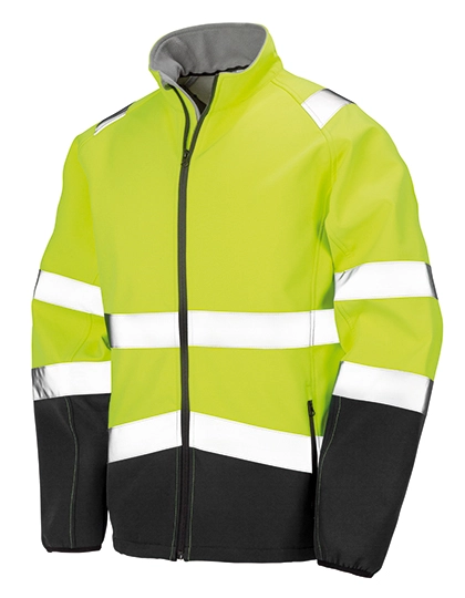 Printable Safety Softshell Jacket zum Besticken und Bedrucken in der Farbe Fluorescent Yellow-Black mit Ihren Logo, Schriftzug oder Motiv.