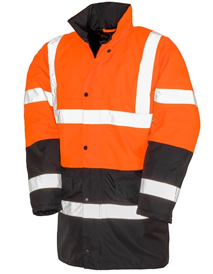 Motorway 2-Tone Safety Coat zum Besticken und Bedrucken in der Farbe Fluorescent Orange-Black mit Ihren Logo, Schriftzug oder Motiv.