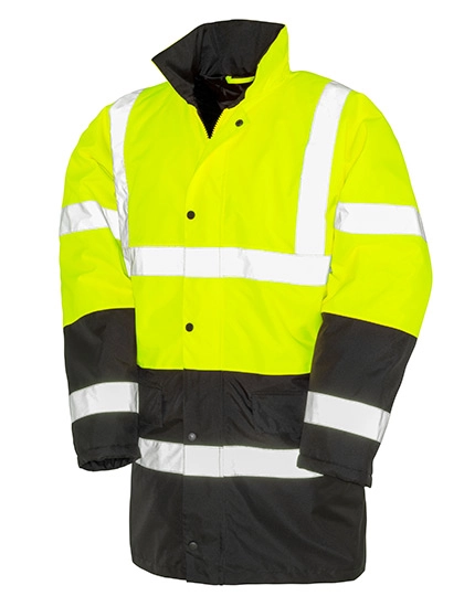 Motorway 2-Tone Safety Coat zum Besticken und Bedrucken in der Farbe Fluorescent Yellow-Black mit Ihren Logo, Schriftzug oder Motiv.