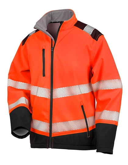 Printable Ripstop Safety Softshell Jacket zum Besticken und Bedrucken in der Farbe Fluorescent Orange-Black mit Ihren Logo, Schriftzug oder Motiv.