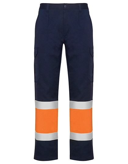 Naos Hi-Viz Trousers zum Besticken und Bedrucken in der Farbe Navy Blue 55-Fluor Orange 223 mit Ihren Logo, Schriftzug oder Motiv.
